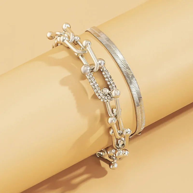 Ins Style 2 in 1 Bracelet Jewelry Set Extendable Stainless Steel Snake Chain Hoop Link Bracelet for Women Girls