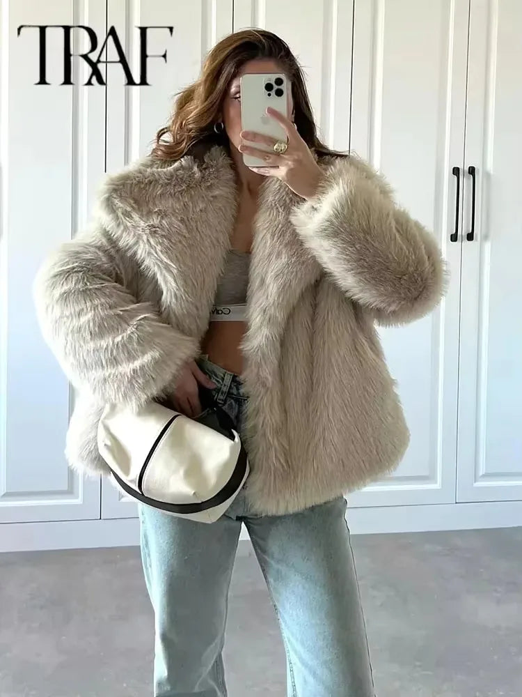 TRAF 2024 Faux Fur Coat Women Black Warm Winter Coat for Women Autumn Plush Wool Women's Coats Long Sleeve Jackets for Women