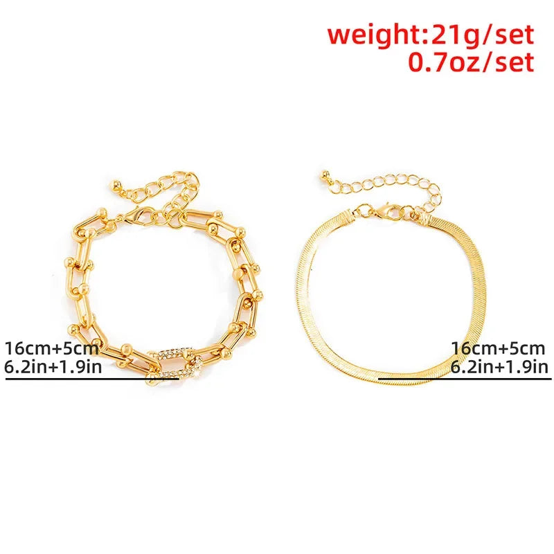 Ins Style 2 in 1 Bracelet Jewelry Set Extendable Stainless Steel Snake Chain Hoop Link Bracelet for Women Girls