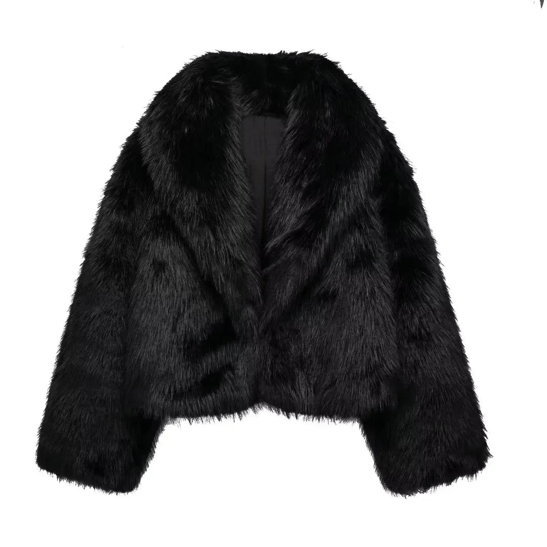 TRAF 2024 Faux Fur Coat Women Black Warm Winter Coat for Women Autumn Plush Wool Women's Coats Long Sleeve Jackets for Women