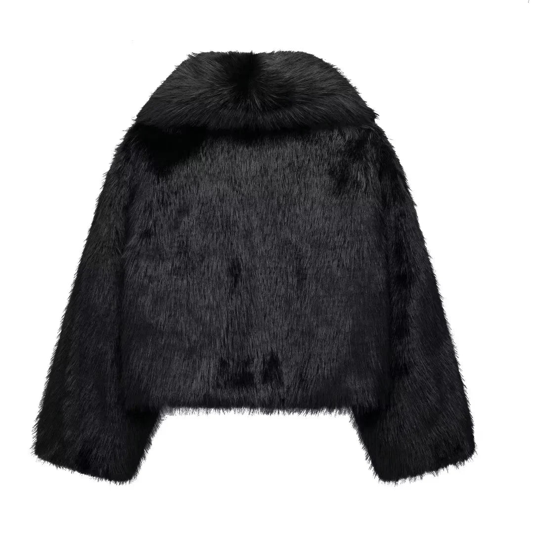 TRAF 2024 Faux Fur Coat Women Black Warm Winter Coat for Women Autumn Plush Wool Women's Coats Long Sleeve Jackets for Women