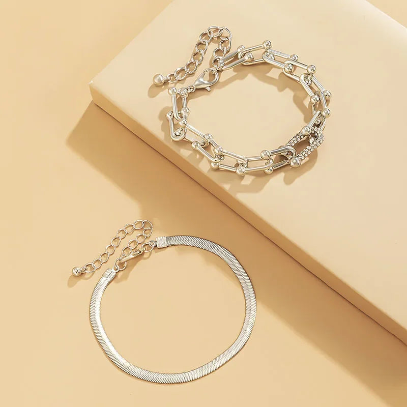 Ins Style 2 in 1 Bracelet Jewelry Set Extendable Stainless Steel Snake Chain Hoop Link Bracelet for Women Girls